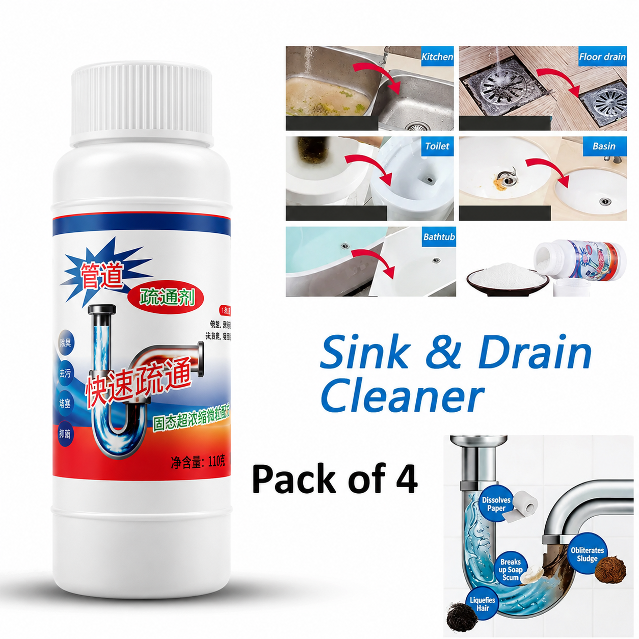 SANITIZO POWERFUL DRAIN & SINK CLEANER POWDER (PACK OF 4)
